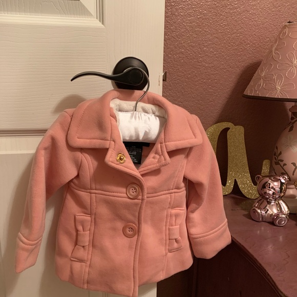 Pink Pea Coat Bow Back with Buttons Fur Lining - Picture 4 of 7